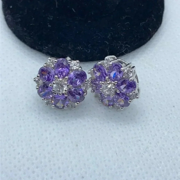 Amethyst and CZ‎ cluster sparkling 925 Sterling Silver earrings - Picture 1 of 6